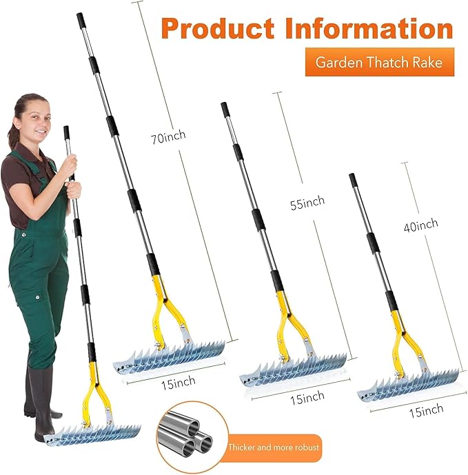 Thatch Rake,15" Lawn Dethatcher Rakes,Dead Grass Remover,Manual Dethatching Rake with Adjustable Length Handle,Scarifier Rake,Thatching Rakes for Lawns Grass Loosening Soil