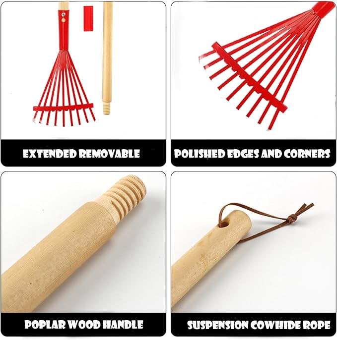 Small Leaf Rake-Wooden Handle Leaf Rake for Little Helper Courtyard/Garden Leaves Cleaning for Kids (Red)