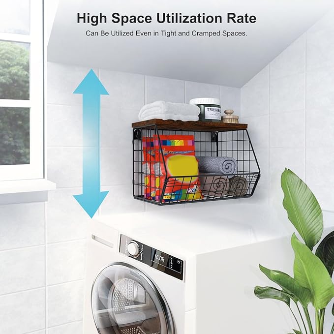 MSJGA Laundry Room Shelves Wall Mounted with Storage Basket - Stackable Wire Wall Shelves Organizer for Towels, Detergent, Tissues | Space-Saving Over Washer & Dryer, Small Spaces(11.8"Wx7.9"Dx8.5"H)