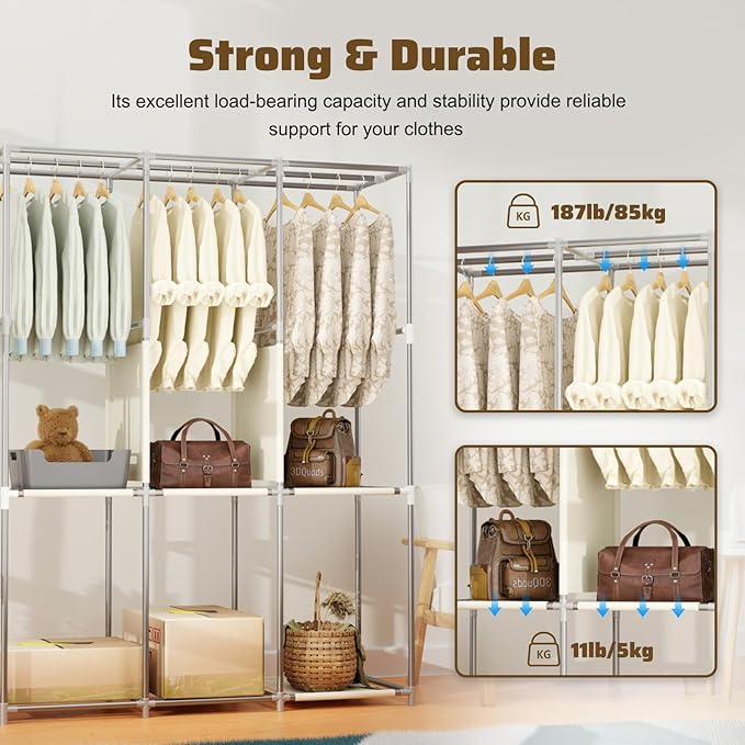 BAOKALER Portable Closet, Portable Closets for Hanging Clothes with 3 Hanging Rods and 6 Storage Shelves, Non-Woven Fabric Cover, Black Wardrobe Closet Easy to Assemble and Strong and Stable