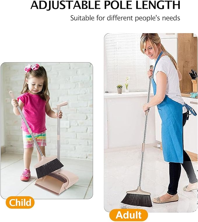Broom and Dustpan Set, Long Handle Stand Up Broom and Dust Pan Combo, Self-Cleaning with Dustpan Teeth, Indoor&Outdoor Sweeping, Ideal for Dog Cat Pets Home Use (Beige & Brown)
