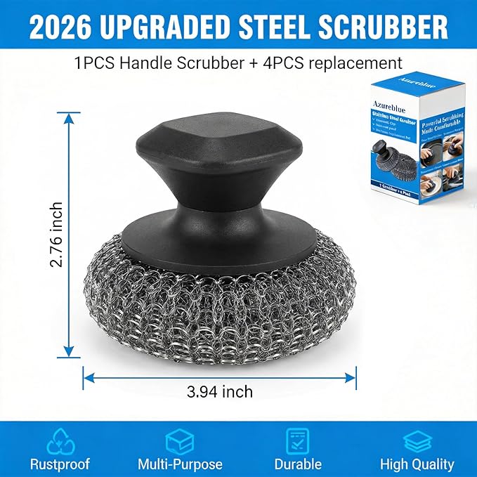 5-Pack Steel Wool Scrubber, Stainless Steel Scrubber Wire Sponge Pads with Handle, Pan Cleaning Scrubber for Scouring Stubborn Messes from Cast Iron, Frying Pan, Oven, Grill, Heavy Duty Pot Scrub