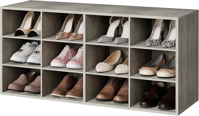 Garden 4 you Shoe Storage Bench, Cubby Shoe Rack with 12 Cubbies, 3-Tier Wood Shoe Rack Organizer, Shoe Organizer Cabinet for Entryway, Hallway, Closet and Garage, Grey