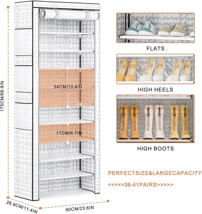 OYREL Shoes Rack 10 Tier Tall Shoe Rack with Storage Pockets, Fabric Covered Shoe Racks,Metal Shoes Rack Organizer for Closets,Bedroom, Garage