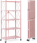 BRIAN & DANY 5-Tier Foldable Storage Shelves with Wheels, Folding Metal Rack Shelving Unit, Heavy Duty No Assembly Organizer Shelf for Garage, Kitchen, Basement, Pantry, Pink