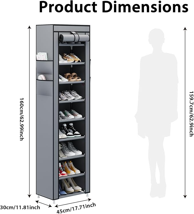 Calmootey 9 Tier Shoe Rack Organizer,Portable Shoe Shelf with Nonwoven Fabric Cover for Closet Hallway,Bedroom,Entryway,17.72x11.81x62.99inches,Grey