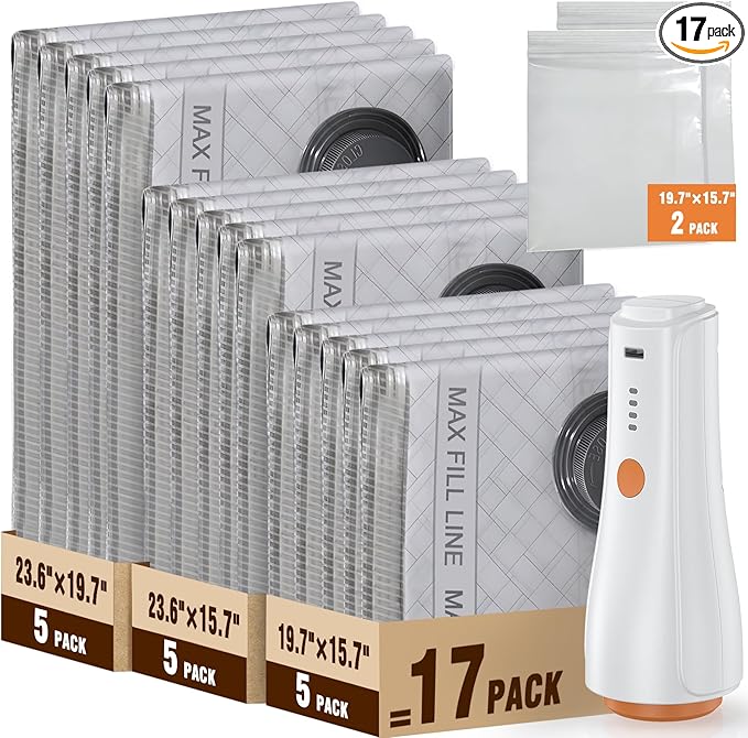 QcoQce Vacuum Storage Bags with Rechargeable Electric Pump, Space Saver Bags for Travel, Vacuum Seal Bags for Clothing, Bedding, Seasonal Storage, Compression Packing Bags for Suitcase