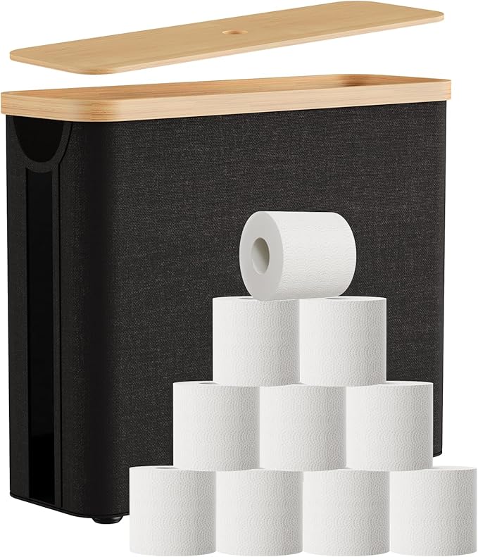 Toilet Paper Storage Basket with Bamboo Lid, Toilet Paper Holder with Storage, Free Standing Bathroom Storage Organizers with Non-Slip Bottom, Black 1 Pack