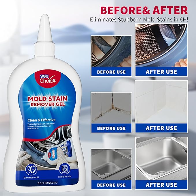 W&E Choice Stain Remover Gel Cleaner for Shower, Bathroom Tile Grout and Caulk - Heavy Duty Cleaner for Front Load Washing Machine Rubber Seal - No Scrubbing Gel Formula, 8.8 Fl Oz