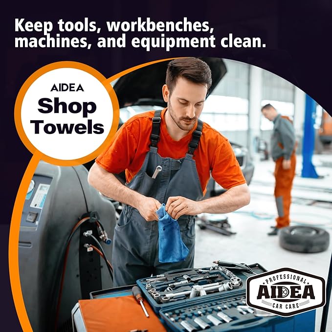 AIDEA Blue Shop Towels-2 Roll, All-Purpose Microfiber Blue Shop Towels, Lint-Free Cleaning Rags Microfiber Cloth, Reusable Paper Towels for Automotive, Mechanic, Workshops, House, Kitchen-11×9"