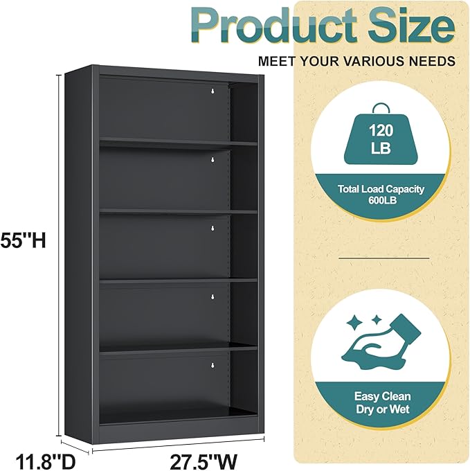 Heavy-Duty Metal Open Storage Cabinet with Adjustable Shelves, 5-Tier Shelving Unit, Easy Assembly Freestanding Organizer for Garage, Pantry,Office, Living Room (Black, 5 Tier-55"H x 27.6"W x 11.8"D)