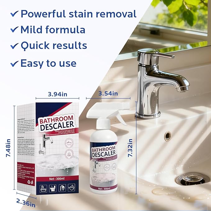 Bathroom Descaler Foam Cleaner for Hard Water Stains - Powerful Foaming Spray for Shower Toilet Sink Tile Cleaning, Limescale Buildup Remover All-Purpose Bathroom Cleaner (10.1 Fl Oz)