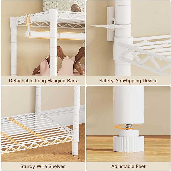 ONBRILL F5 Extra Large Industrial Pipe Clothing Rack, Freestanding Portable Closet Organizer System with Shelves & Hanging Rods, 88.6'' Wide Heavt Duty Clothes Rack, Max Load 1300lbs, White
