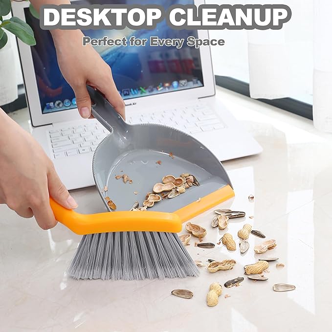 Mini Broom with Dustpan Combo Set Small Dust pan and Brush Set Quick Cleanup Debris Dust for Floor Countertop Worktop Desk Pet Cage (Grey+Orange)