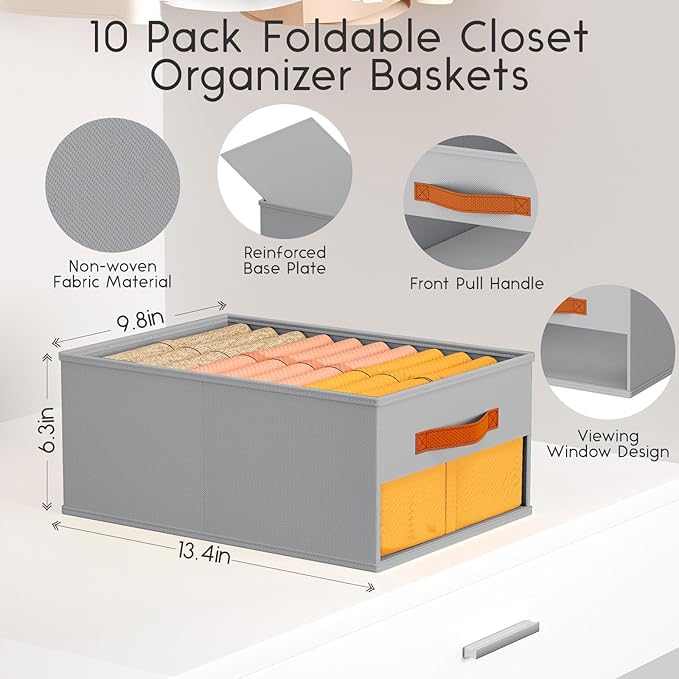 Homsorout Drawer Organizers and Storage - 10 Pack Foldable Pants Organizer with Clear Window & Handles, Fabric Closet Organizer for Clothes, Jeans, Sweaters, Towels, T-shirt, Scarf (Grey)