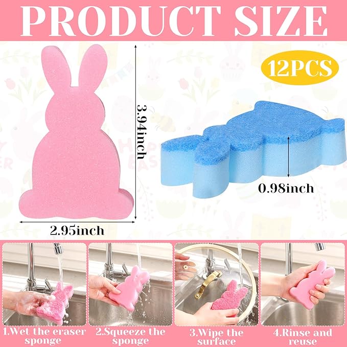 Tioncy 12 Pack Kitchen Sponges Bulk Dual Sided Scrubber Sponges Dishwashing Kitchen Cleaning Accessories for Household Supplies(Cute Easter Bunny,Pink, Green,Blue, Yellow)