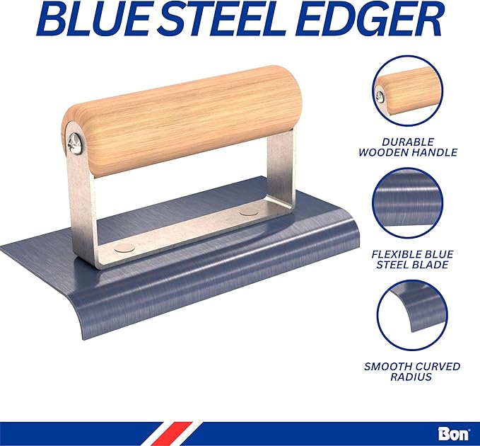 Bon Blue Steel Edger – 6 in. x 3 in. Concrete Edger with 1/2 in. Radius & 5/8 in. Depth – Flexible Blue Steel Blade – Smooth Finishing Tool for Slabs, Walkways & Curved Edges – Wood Handle