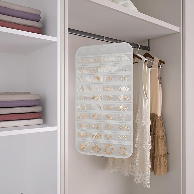 2 Pack Hanging Jewelry Organizer 80-Pocket Dual-sided Jewelry Storage for Earring Necklace Bracelet Ring Travel Holder, White and Beige