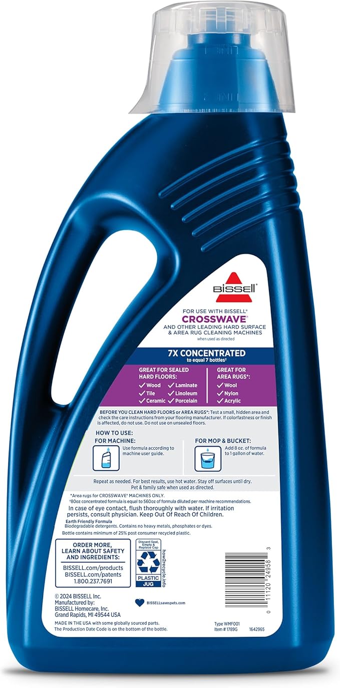 Bissell Multi-Surface Solution,for use in CrossWave and Other Leading Hard Surface and Area Rug Cleaners,80oz,Dissolves Dirt,Grime,and-Tough Sticky Messes,(Pack of 2)