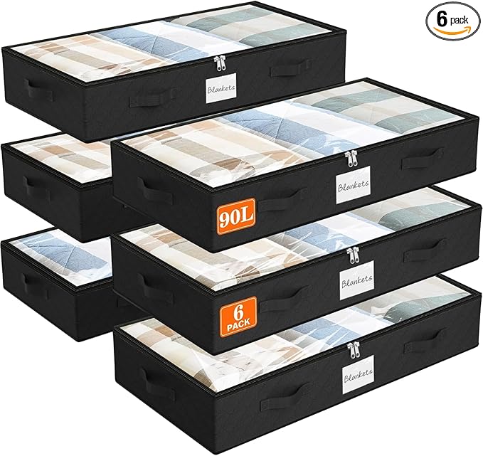 SpaceWhisper 90L Under Bed Storage Containers, 6-Pack Storage Bins with Clear Top, Foldable Closet Organizers and Storage with Label Holder for Clothing, Blankets, Comforter & Pillows(Black)
