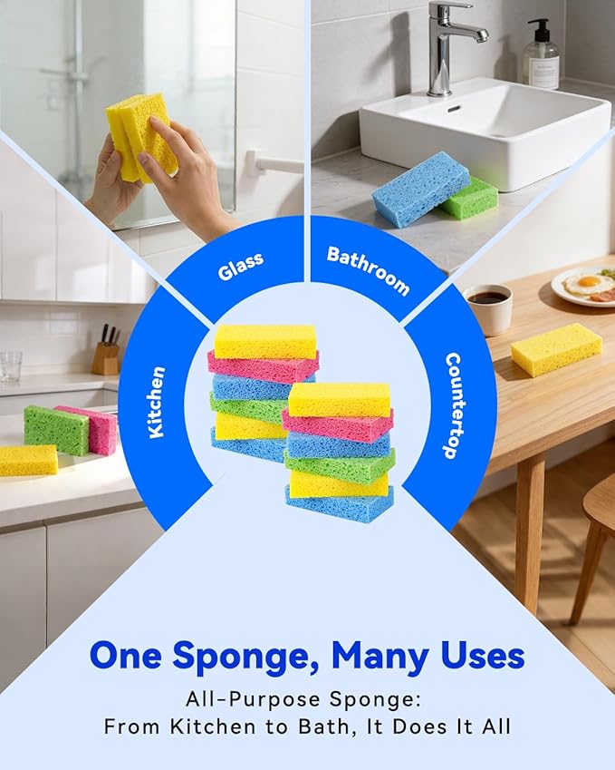 Temede 12-Count Cellulose Sponges, Non-Scratch Kitchen Sponges for Dish,Colorful Compressed Dish Scrubber Sponge for Household,Cookware,Bathroom