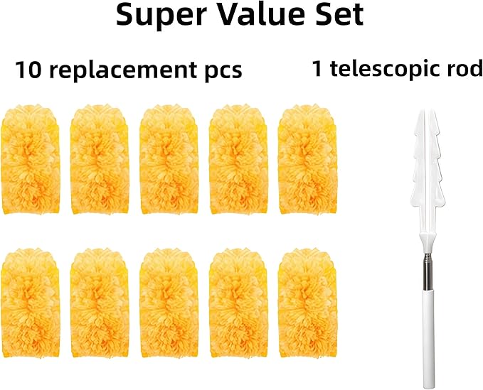 Heavy Duty Duster Refills, Disposable Dusters Kit for Cleaning Dusting Furniture Blind Ceiling Fan, Multi Surface 360 Feather Duster(10)+3FT Extended Handle（1） (Orange)