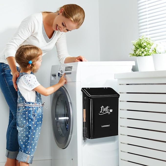 CINPIUK Magnetic Lint Bin for Laundry Room with Brush & Hook - Large Laundry Organizer and Storage, Wall Mounted Trash Can with Lid, Space-Saving Dryer Lint Holder Laundry Room Decor, Black