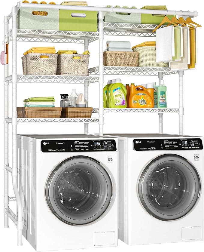 Ulif U13 Medium Over Washer and Dryer Storage Shelves, 6 Tiers Laundry Room Standing Shelf with 2 Hanger Rods, Space Saver Clothes Drying Rack, 57.8" W x 22" D x 77.4" H, White