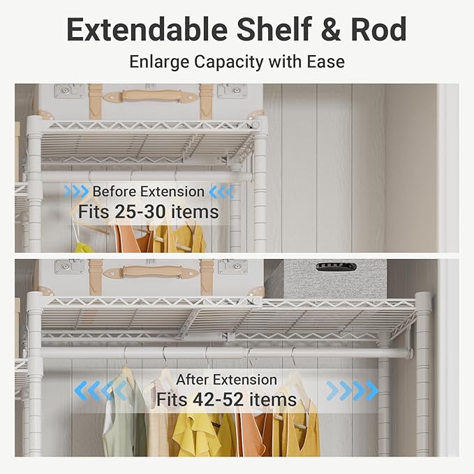 VIPEK X3 Plus Large Expandable Closet Rack Adjustable from 5'10" to 8'8" with Extendable Shelves and Hanger Rods, Freestanding Clothing Racks Modular Closet Systems Wardrobe, Max Load 1360LBS, White