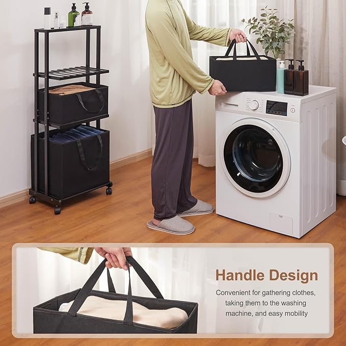 Homde Laundry Basket 3 Tier Bamboo Storage Shelf with Wheels Removable Storage Basket with Handle Freestanding Clothes Hamper Organizer for Bathroom Living Room Bedroom (Black)