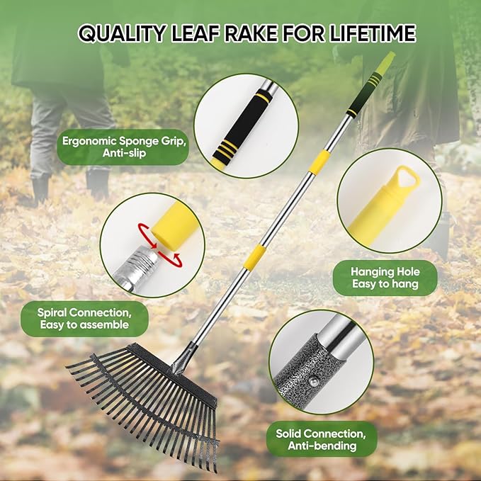 Rake Heavy Duty 6FT Long Garden Rake , 18.5 Inch Wide Leaf Rake for Lawns, 25 Metal Tines, Adjustable Stainless Steel Handle, Rakes for Leaves, Yards, Grass, Garbage, Weeds, Debris (Yellow)