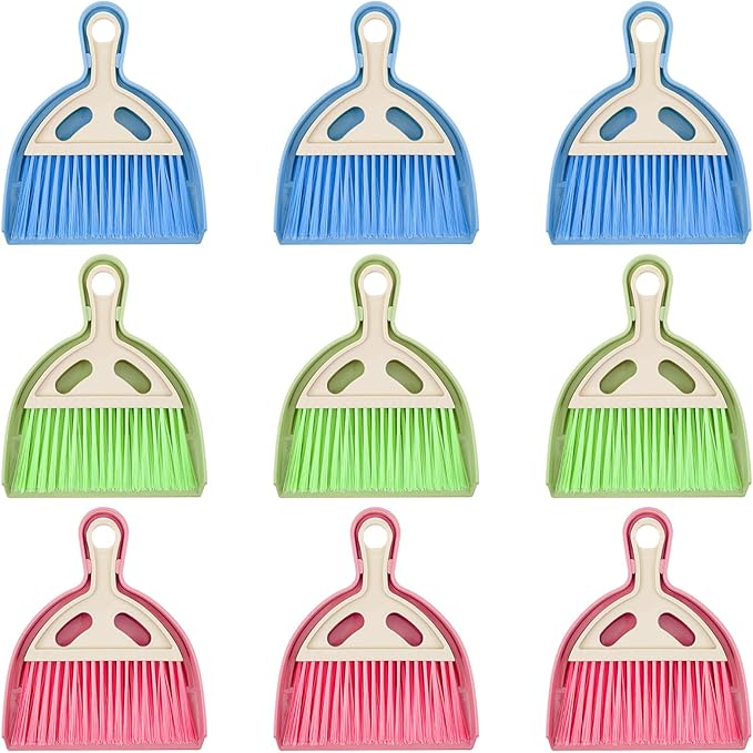 9 Pcs Small Dustpan and Brush Set Mini Broom and Dustpan Set with Handle Nesting Portable Cleaning Tools for Home Office Car Keyboard Countertop and Pet Nest (Blue Red Green)