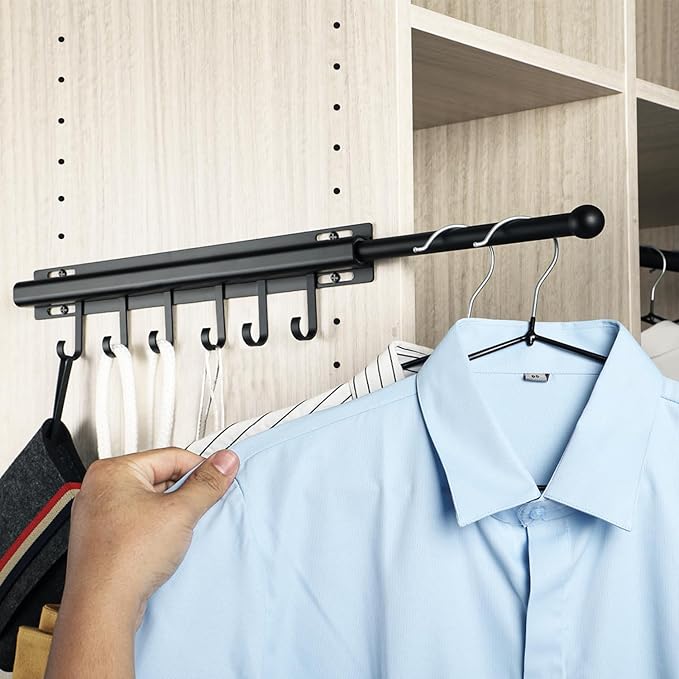 BaiNong Valet Rod for Closets Pull Out Closet Valet Rod Slide Out Extra long 16.5 inch Black Valet Rods for Closets With 6 Hooks