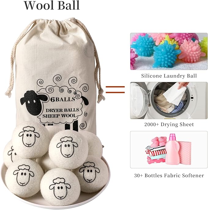 Dryer Balls Laundry Reusable - XL Wool Dryer Balls - Handmade Cute, Extra Large Dryer Balls, Shorten Drying Time, Organic Wool - Dry 1000+ Loads (6 Pack Sheep Pattern)
