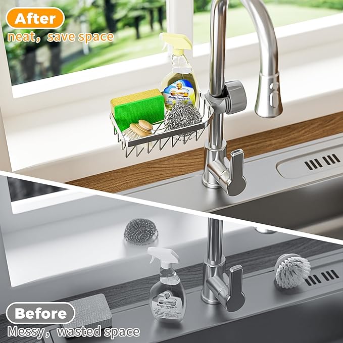 LONIN Sponge Holder Over Faucet Kitchen Sink Caddy Organizer, Stainless Steel Detachable Hanging Faucet Drain Rack for Bathroom, Scrubbers, Soap, (Black)