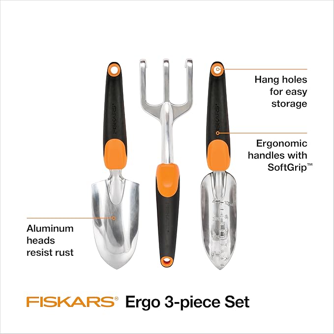 Fiskars 3-in-1 Garden Tool Set, Polished Cast-Aluminum Heads for Rust Resistance, Heavy-Duty Trowel, Transplanter & Cultivator for Digging and Planting, Non-Slip SoftGrip Handles Reduce Fatigue