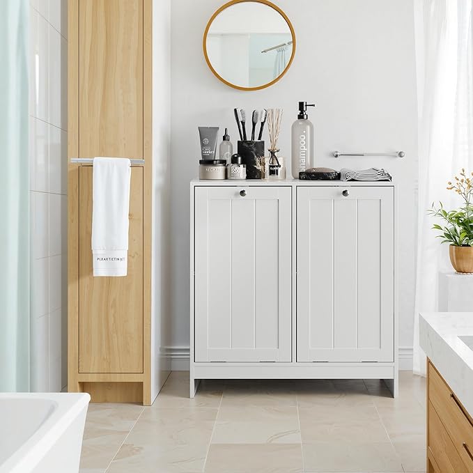 Tilted Laundry Hamper with Removable Baskets Hidden Storage Cabinet Free-Standing Organizer for Bathroom Bedroom White