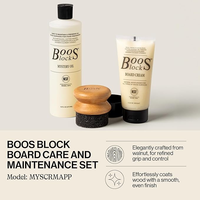 John Boos 3-Piece All-Natural Care & Maintenance Set - 16 oz Mystery Oil, 5 oz Board Cream & Round Applicator for Butcher Blocks, Cutting Boards, Wood Countertops, and Wooden Utensils