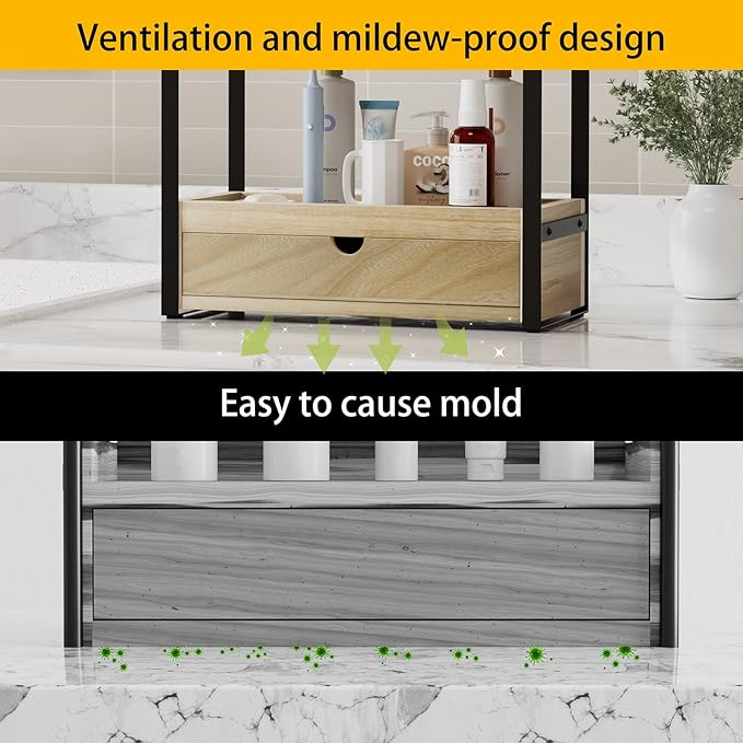 Boulphia 2-Tier Bathroom Organizer Countertop with Drawer, Wood Bathroom Counter Shelf for Storage, Vanity Organizer Countertop for Kitchen, Office