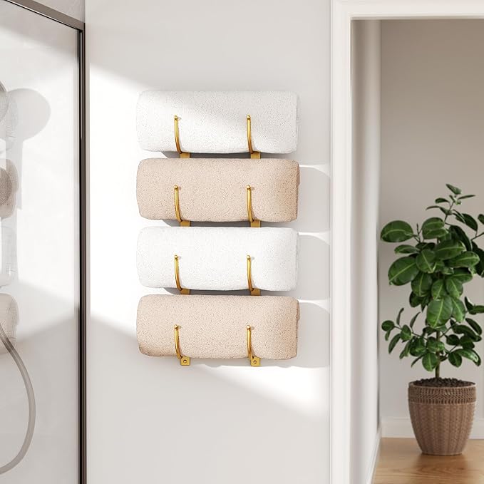 Bathroom Rolled Towel Rack: 4-Tier Wall Mounted Towel Storage Holder, Hanging Organizer for Towels, Blankets, Large Bath Sheets, Space Saving in RV, Closet, Toilet, Cabinet, Gold