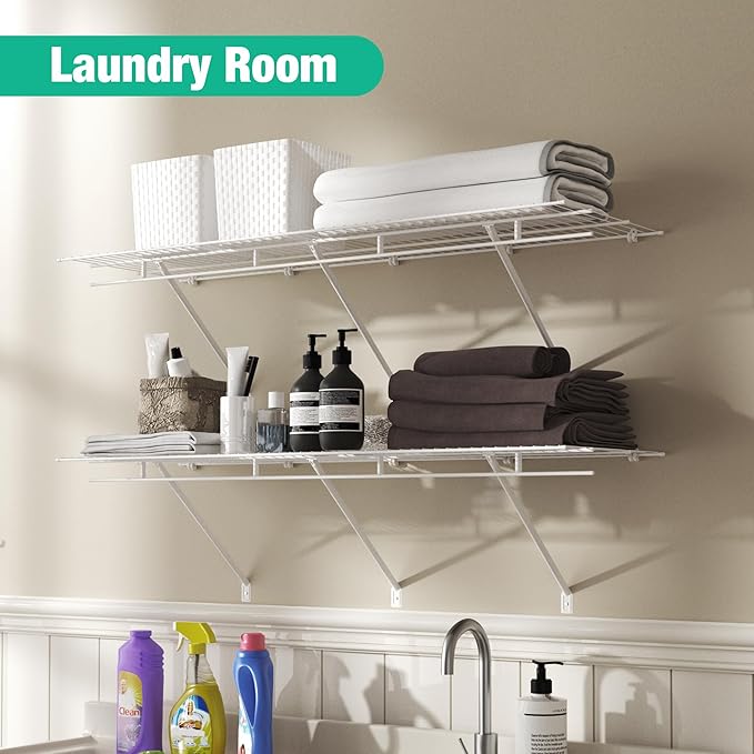 HAUSHOF Closet Shelves Wall Mounted 2-Pack, 4ft x 16in White Metal Wire Shelving for Laundry Room, Closet, Basement Organization and Storage