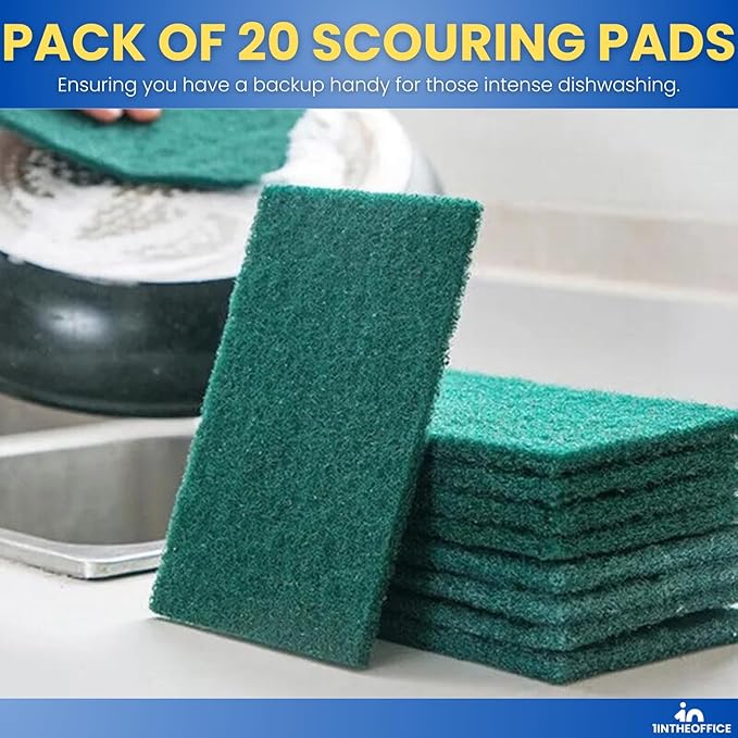 Green Scouring Pads, Non-Scratch Dish Scrub Pads, Heavy Duty Cleaning Pads for Kitchen, Dishes, Pots, Pans, Grills, 3.5" x 3.5", 20 Pack