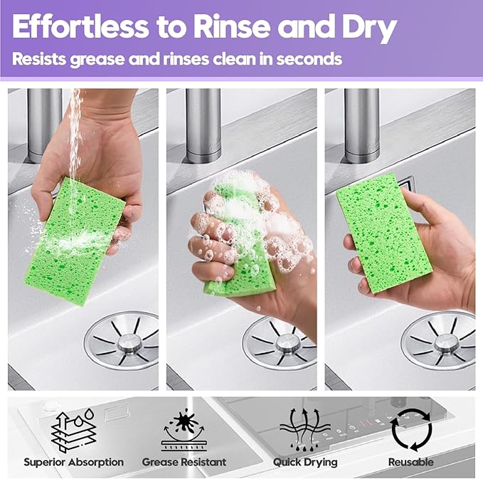 18 Pack Compressed Cellulose Sponges, 6 Color Assorted Kitchen Cleaning Sponges, Natural Wood Pulp, Scratch-Free, Durable & Reusable, Multipurpose Household & Dishwasher Safe