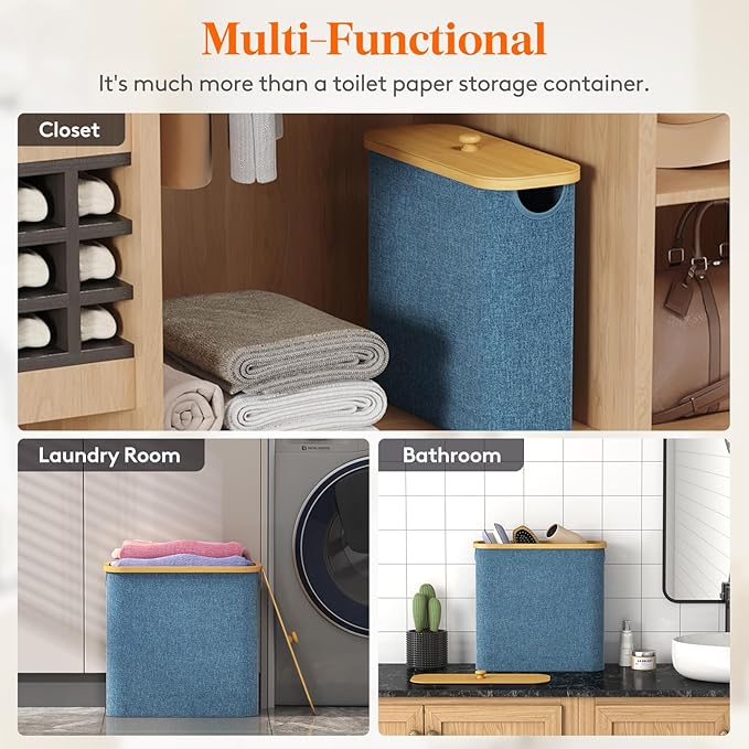 Lifewit Toilet Paper Storage Holder for 9 to 12 Rolls, Free Standing Toilet Paper Basket Stand with Bamboo Lid, Collapsible Fabric Bathroom Organizer Box for Mega Rolls, 23L, Large, Dark Blue