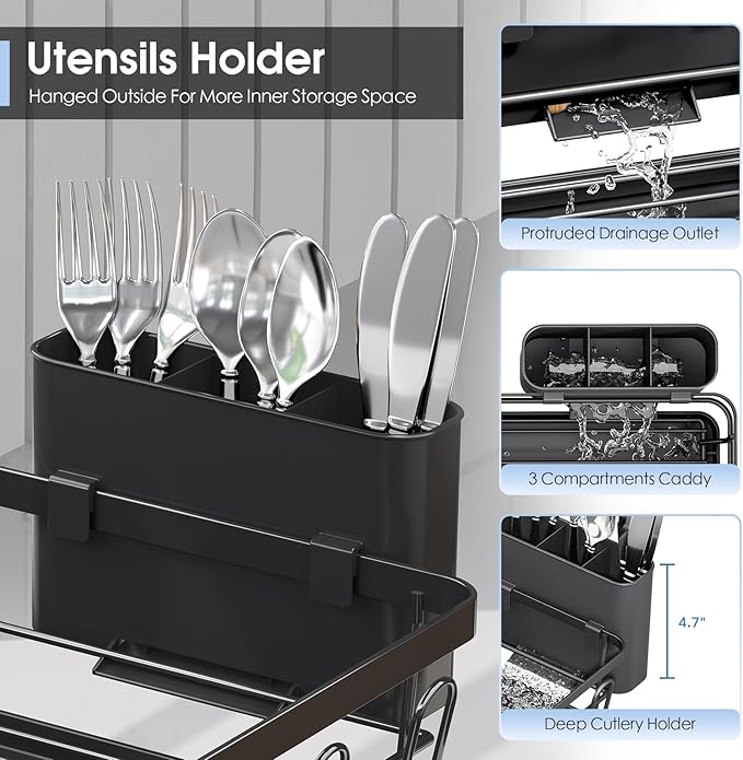 Urackify Compact Dish Drainer for Kitchen Counter - Expandable Large Capacity Drying Rack with Removable Cutlery Holder, Anti-Rust Plate Rack, Non-Slip Feet