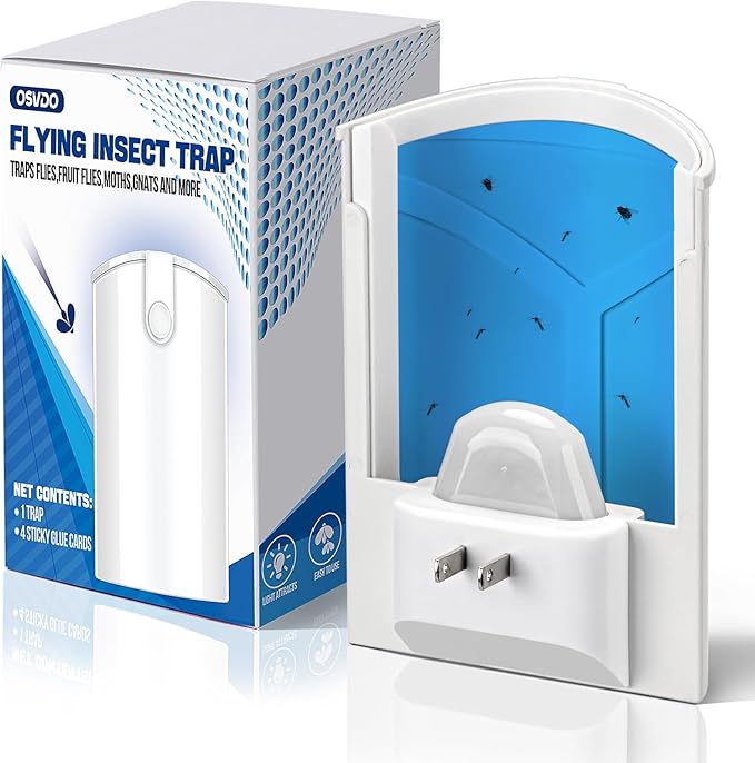 Flying Insect Trap with 4 Refills - Plug-in Bug Catcher for Gnats, Fruit Flies, Moths | Blue & UV Light | Mess-Free Adhesive Disposal Bug Zapper for Home, Office