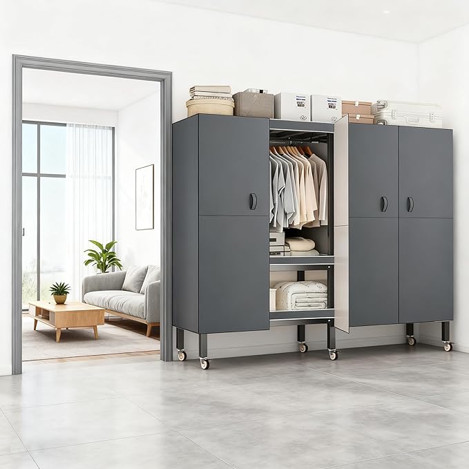 Foldable Portable Armoire Wardrobe Closet for Hanging Clothes Rack, Heavy Duty Covered Clothes Rack with Cover(HARDBOARD Magnetic), Closet Garment Rack for Bedroom Storage (KT Grey, 59.05in)