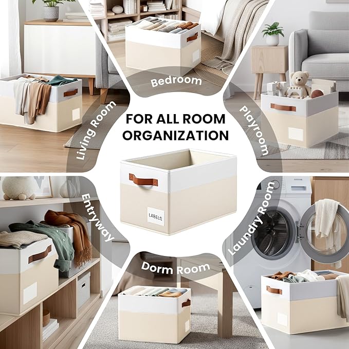 Criusia Large Closet Storage Baskets for organizing 4 Pack - Heavy Duty Closet Shelf Organizer Bins with Handles & Labels - Decorative Collapsible Baskets for Living Room Bedroom Nursery Dorm 14"x10"