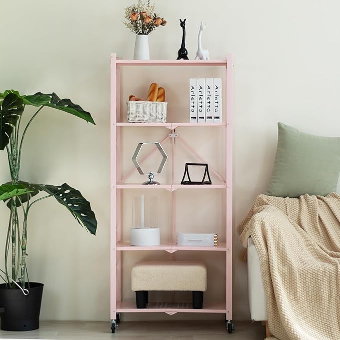BRIAN & DANY 5-Tier Foldable Storage Shelves with Wheels, Folding Metal Rack Shelving Unit, Heavy Duty No Assembly Organizer Shelf for Garage, Kitchen, Basement, Pantry, Pink