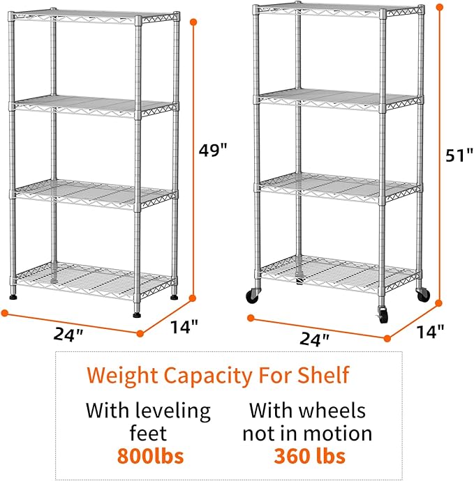 SINGAYE 4 Shelf Storage Wire Shelves Closet Bathroom Organizers Metal Pantry Kitchen Garage Shelving Unit Laundry Room Organization Home Narrow Rack Net Basket with Wheels Silver